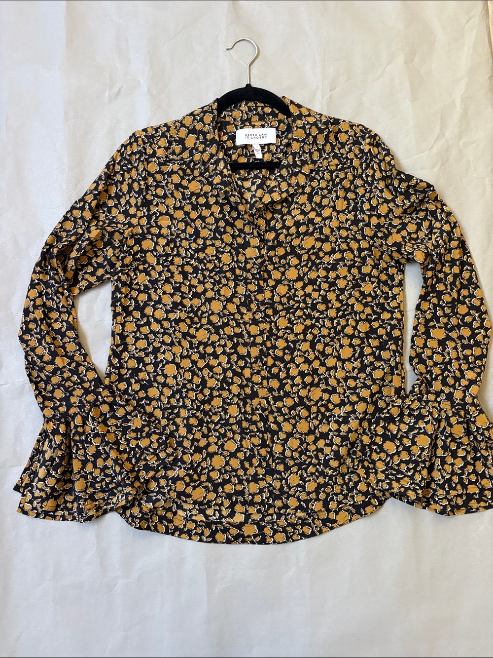 Derek Lam 10 Crosby Floral Button-Up Blouse in Mustard/Black. Size small.
